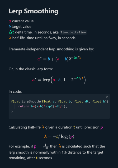 a screenshot of Freya's notes listing equations to do framerate independent lerp-smoothing. The main formula is given by B+(A minus B) times 2 to the power of negative delta time divided by the half-life