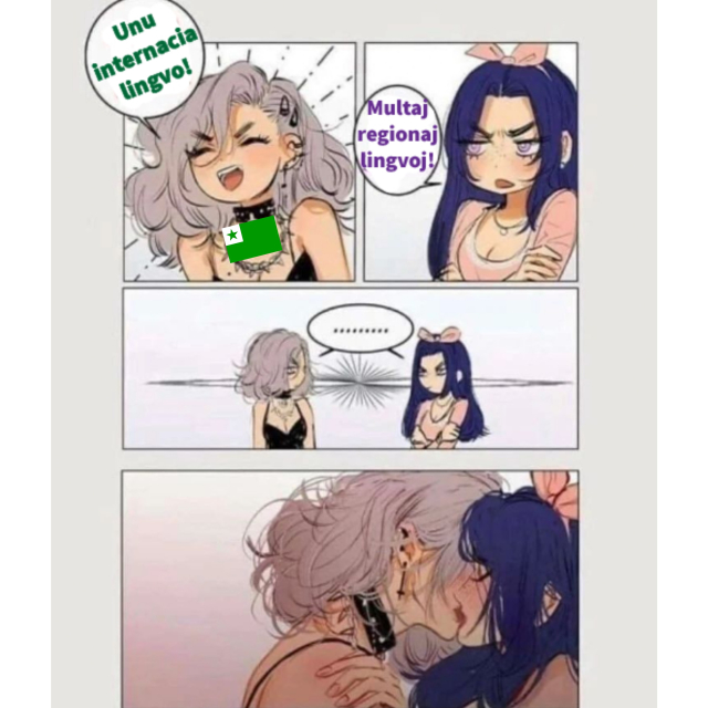 Komikso :
En la unua kadro, virino kun esperanta flago ĝoje krias "Unu internacia lingvo!". 
En la dua kadro, dua virino ŝajnas malĝoja kaj protestas : "Multaj regionaj lingvoj!".
En la tria kadro, la du virinoj regardas unu la alian, defie.
Fine, en la kvara kadro, ili kisas sin.