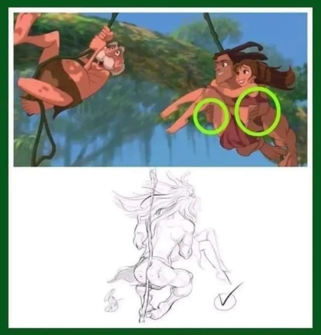 A screenshot from the original Tarzan cartoon movie. Tarzan is swinging attached to jungle vines, but he is also holding Jane with both arms. The question on everyone's mind is how can he hold onto the vine?

A sketch below the screenshot shows Tarzan from the back, using his buttcheeks to clench around the vine.