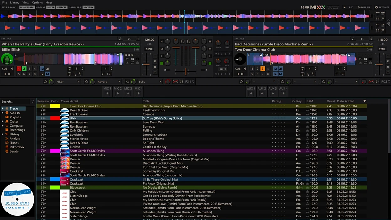 Screenshot of Mixxx showing the main window mixing several audio tracks.