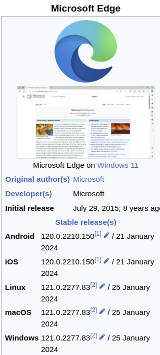 Microsoft Edge infobox from the wikipedia showing various version and release dates https://en.wikipedia.org/wiki/Microsoft_Edge
