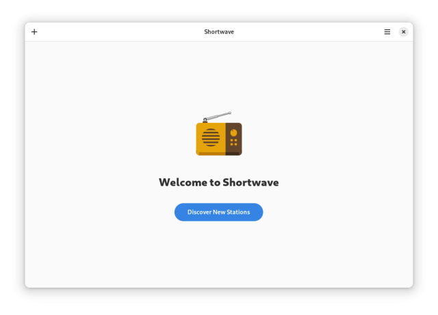 A screenshot of Shortwave showing the "Welcome to Shortwave" page. It is prompting the user to "Discover New Stations"