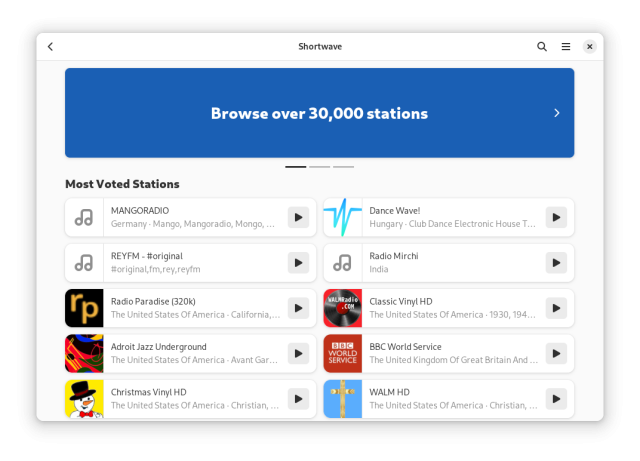 A screenshot of Shortwave showing the station discovery page. There is a header with the text "Browse over 30,000 stations" and a list of the "Most Voted Stations"