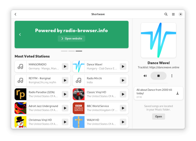 A screenshot of Shortwave showing the station discovery page. There is a header with the text "Powered by radio-browser.info" and a list of the "Most Voted Stations". The station "Dance Wave!" is currently playing