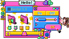 Colorful pixelated interface with icons, a speech bubble saying "Hello!", toggle switches, and a cartoonish girl's face peeking from the corner.