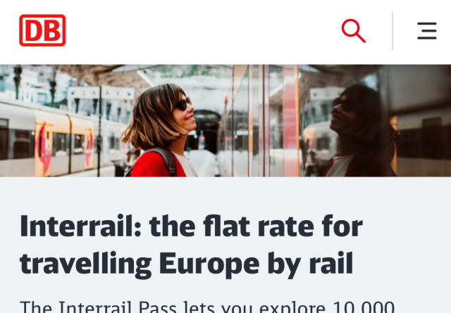 Screenshot from Deutsche Bahn’s website with the headline “Interrail: the flat rate for travelling Europe by rail.”
