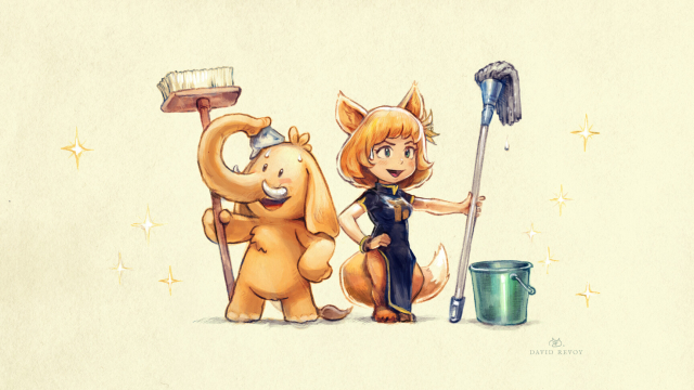 Colored drawing of Mastodon and Pleroma mascots with brooms after cleaning. They are happy but tired, the place around is shining.

License: CC-BY-SA 4.0 - David Revoy, with mascots of Mastodon joinmastodon.org and Pleroma-tan pleroma.social.