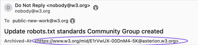 Screenshot of part of Thunderbird's UI, showing the "Archived-At" link being displayed alongside of other typical information about the mail, such as the sender, topic, etc.