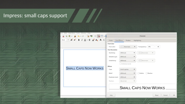 Screenshot of small caps support in LibreOffice Impress