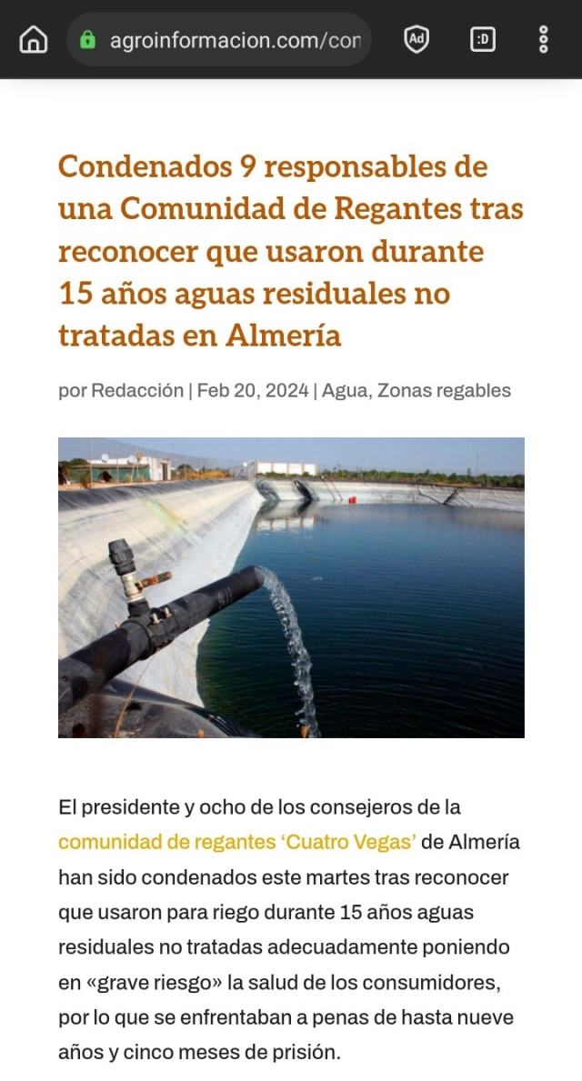 Condenados 9 responsables de una Comunidad de Regantes tras reconocer que usaron durante 15 años aguas residuales no tratadas en Almería