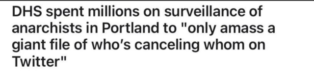 DHS spent millions on surveillance of anarchists in Portland to "only amass a giant file of who's canceling whom on Twitter" 