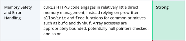 cURL’s HTTP/3 code engages in relatively little direct memory management, instead relying on prewritten alloc/init and free functions for common primitives
such as bufq and dynbuf. Array accesses are appropriately bounded, potentially null pointers checked, and so on.