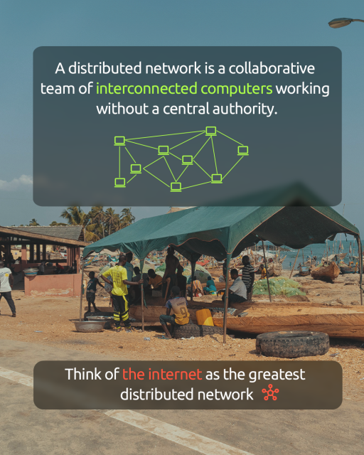 A distributed network is a collaborative team of interconnected computers working without a central authority.
Think of the internet as the greatest distributed network.