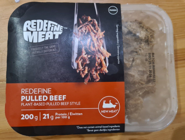 A pack of meat alternative - Redefine Meat, Redefine Pulled Beef (plant based pulled beef style)