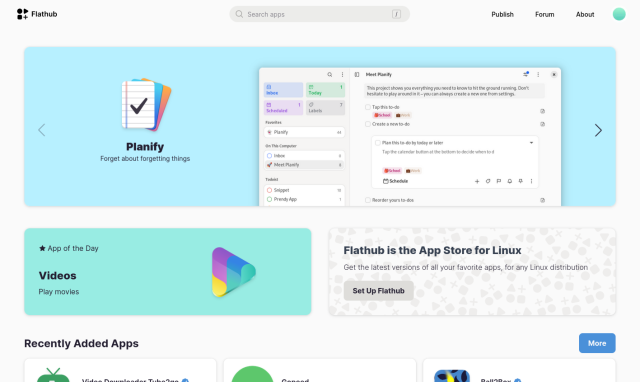 Screenshot of a staging version of the Flathub homepage with colorful featured banners at the top. There's a large banner at the top for Planify with a light blue background, and a turqouise banner below for Videos.