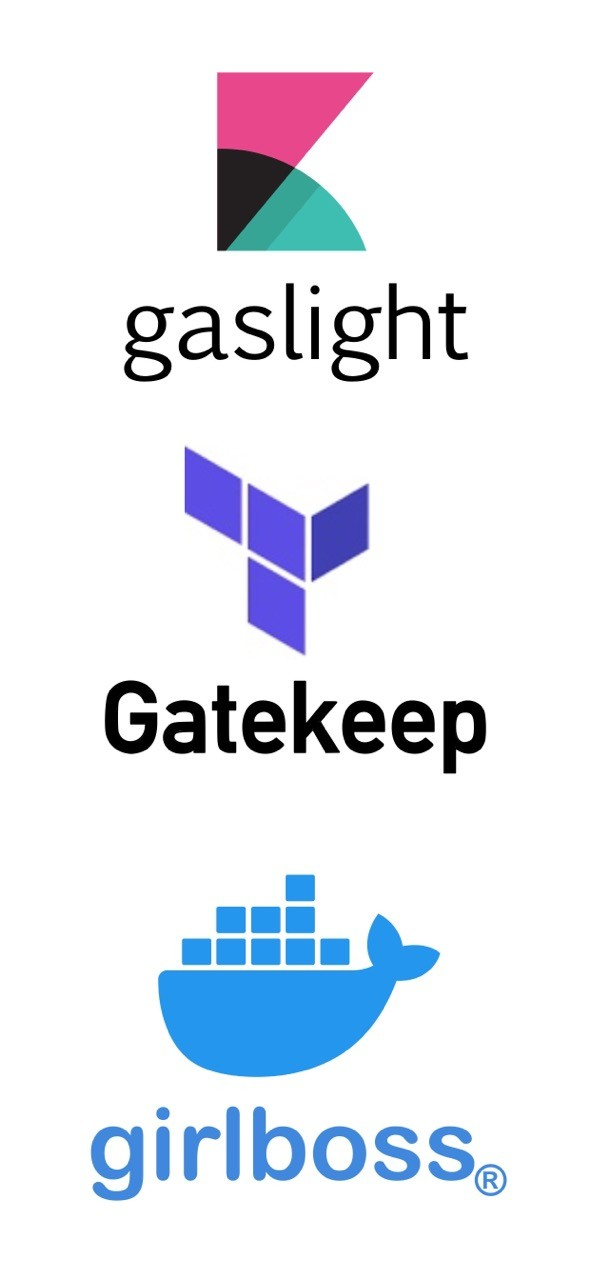 the Kibana, Terraform, and Docker logos (a bunch of flat-shaded geometric startup gunk that look like a letter K, a letter T, and a whale carrying boxes) except the text has been changed to "gaslight", "gatekeep", and "girlboss®" respectively