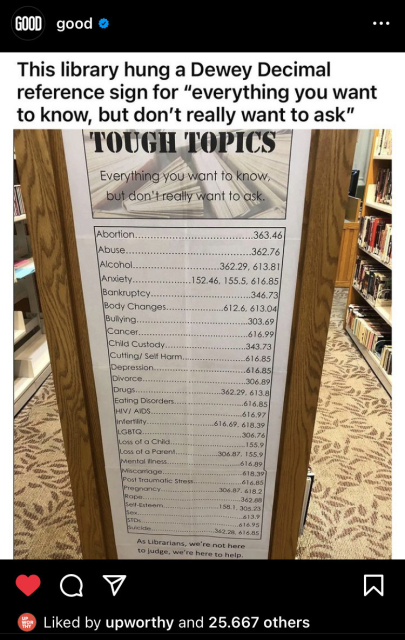 A library sign, giving a code for topics like LGBTQ or depression, so that visitors don’t need to ask for it 