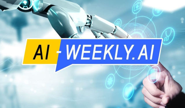 AI-Weekly. The world's #1 online resource for current news and trends in artificial intelligence. A human hand and a robotic hand are about to touch fingers. The robot's hand is metallic with visible joints and wiring, reflecting advanced technology. The background is light blue and features abstract digital icons floating around, suggesting concepts related to healthcare, technology, and science. A glowing digital globe hovers between the fingertips, symbolizing the intersection of human touch and technological innovation.
