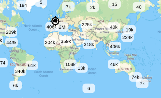 A world map, showing various number such as "2M" over Europe, 259K over Egypt, ...

The numbers represent the number of shops known by OpenStreetMap in this area 