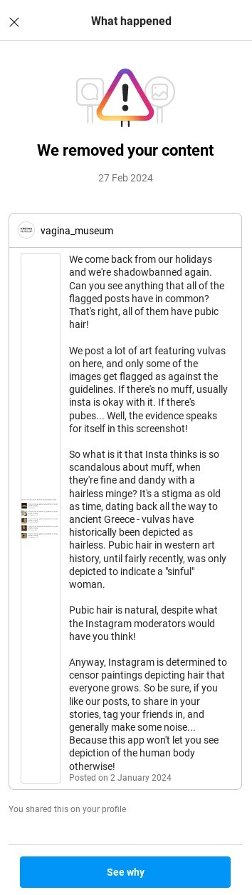 Screenshot of a "we removed your content" warning on instagram. The post is a screenshot of shadowban warnings accompanied by the caption "We come back from our holidays and wee shadowbanned again. Can you see anything that al of the flagged posts have in common? “Thats right, all of them have pubic hair We post a lot of art featuring vulvas on here, and only some of the images get flagged as against the quidelines. If there’s no muff, usually insta is okay with it. If there’s pubes... Well the evidence speaks for itself i this screenshot! So what is it that Insta thinks is so scandalous about muff, when they'refine and dandy with a hairless minge? Its a stigma as old as time, dating back all the way to ancient Greece - vulvas have  historically been depicted as hairless. Pubic hair in western art history, until fairly recently, was only depicted to indicate a 'sinful" woman Pubic hair is natural, despite what the Instagram moderators would have you think! Anyway, Instagram is determined to censor paintings depicting hair that everyone grows. So be sure, if you like our posts, to share in your stories, tag your friends in, and generally make some noise.. Because this app won' let you see depiction of the human body otherwise!"