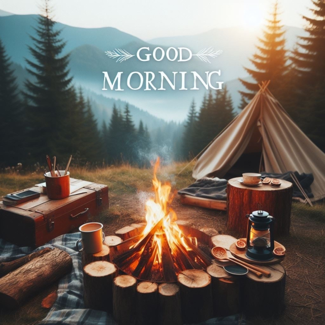 The image depicts a serene camping scene at dawn or early morning in a forest clearing. There's a campfire in the foreground with visible flames and smoke, surrounded by log seating. To the right of the fire, there's a small wooden stump serving as a table with two cups, a coffee pot, and some slices of citrus fruit on it. Behind the fire, there's a canvas tent pitched, partially open, revealing a glimpse of the interior with bedding. On the left, there's a suitcase with cooking utensils and a smartphone on top, suggesting a blend of rustic and modern elements. The background shows a dense forest with tall pine trees and misty mountains in the distance. The sky is clear with a soft glow, indicating early morning light. The words "GOOD MORNING" are overlaid at the top of the image, adding a welcoming touch to the scene.