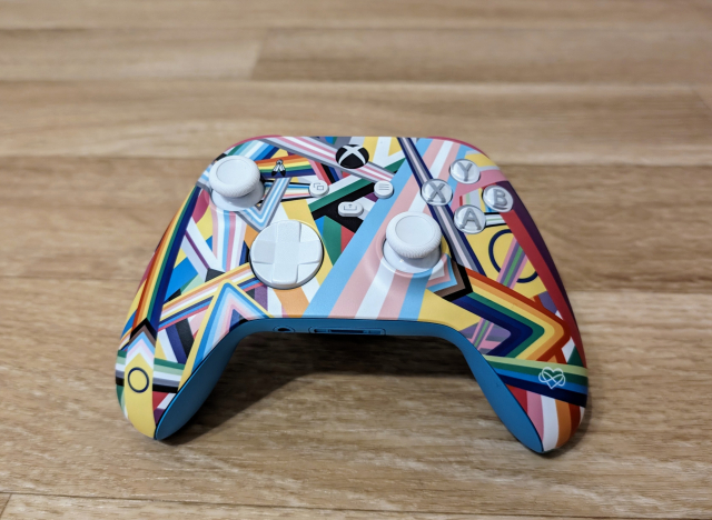 Front side of an Xbox controller with a top plate featuring dozens and dozens of different pride flags. The analog sticks, d-pad, and other buttons are white. Part of the light blue underside is visible.