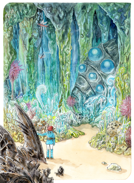 A gouache painting of the poisoned forest from nausicaa. Nausicaa herself is standing in the desert, leaning against a downed aircraft while looking in towards the cave-like forest. There's an ohmu shell in there too