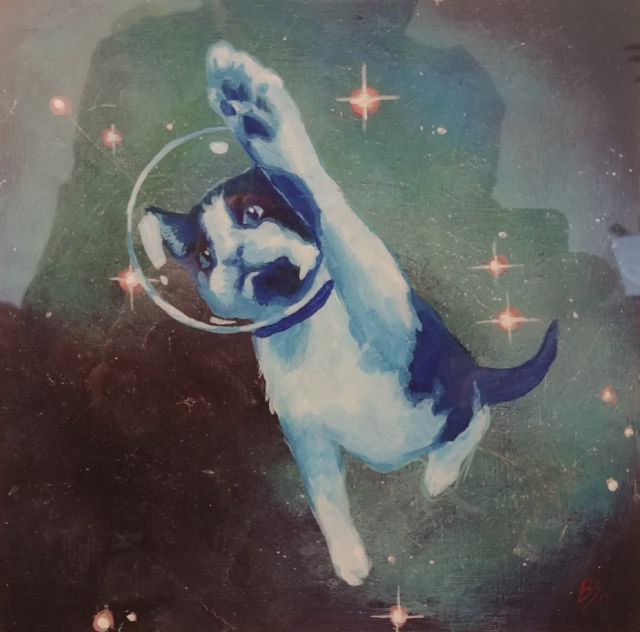 A watercolor painting (I think), of a predominately white cat with black coloring, flying through outer space.

It has a clear glass Astronaut's helmet,  with one paw reaching out as it closes in, to pass over head.