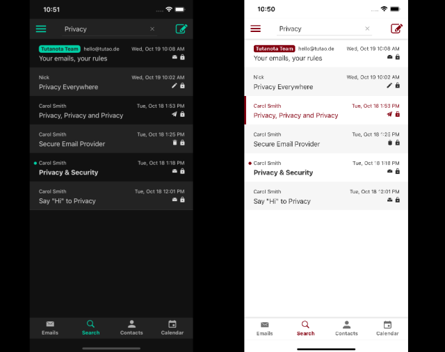 Screenshots of the Tutanota mailbox in dark and light theme.