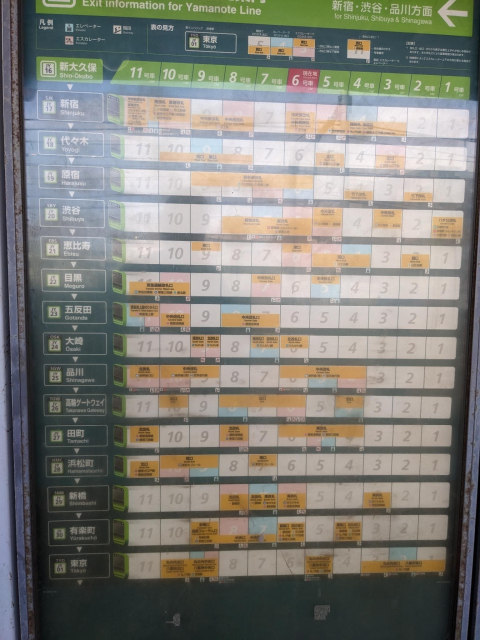 Both images show diagrams that show you where each car of a subway will stop at each station, and what exits are then close to that wagon.

They are labelled "Exit information" or "Boarding & Exit guide", and also have Japanese text.