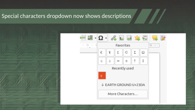 Screenshot of special characters dropdown
