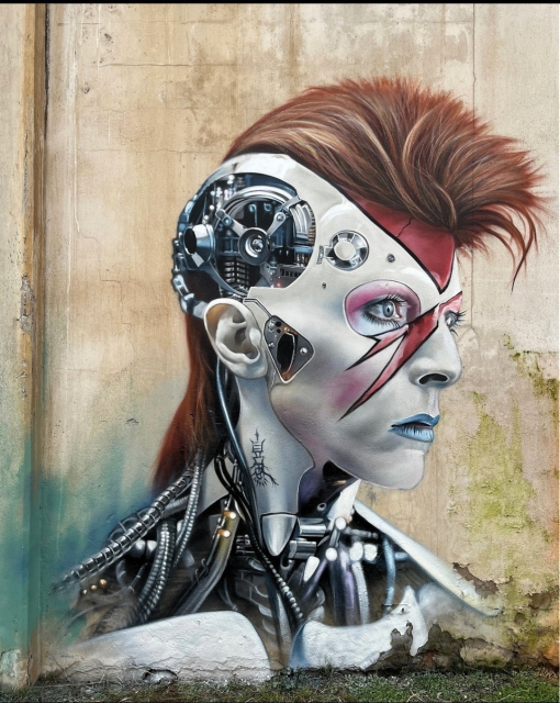 Streetartwall. The cool mural of David Bowie as a cyberpunk has been sprayed onto a beige-colored exterior wall. The head is depicted from the side. David has a white-painted face with a flash of red across the nose to the cheek. His eyes are slightly pink-rimmed and his lips are silver-blue. His hair is a brown mohawk punk hairstyle. The side of the head is open and silver mechanical elements, connections and cables can be seen. The neck and shoulders are made of thick, chrome-colored cables. Despite the fantasy theme, the design is impressively realistic.