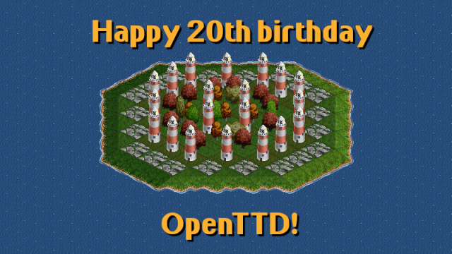 A screenshot of a circular island, decorated with rocks and twenty lighthouses, giving an impression of an iced birthday cake topped with candles. Overlaid is the text "Happy 20th birthday OpenTTD!"