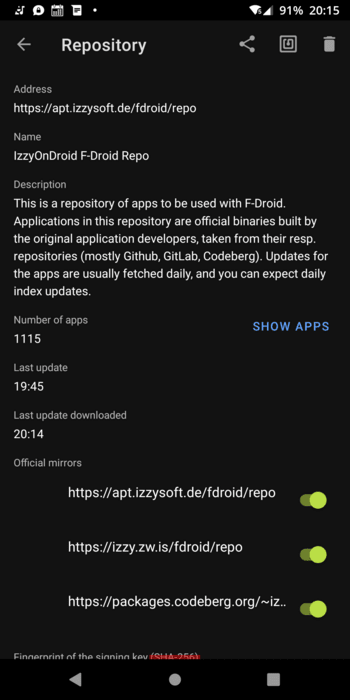 Screenshot from the official F-Droid client showing details on the IzzyOnDroid repo with the primary server and two mirrors enabled.
