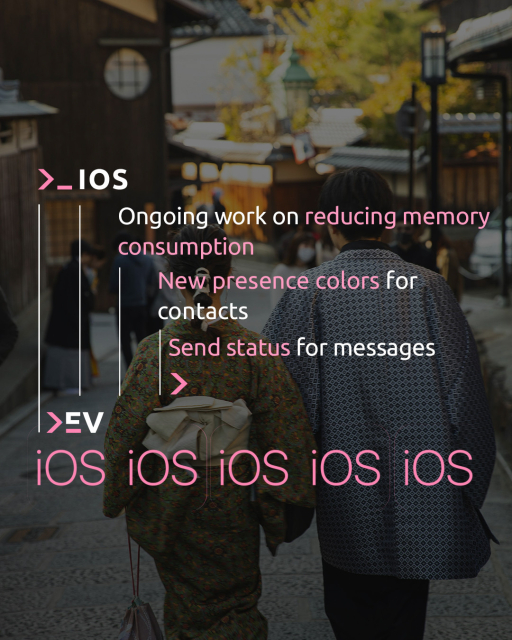 iOS:
- Ongoing work on reducing memory consumption
- New presence colors for contacts
- Send status for messages