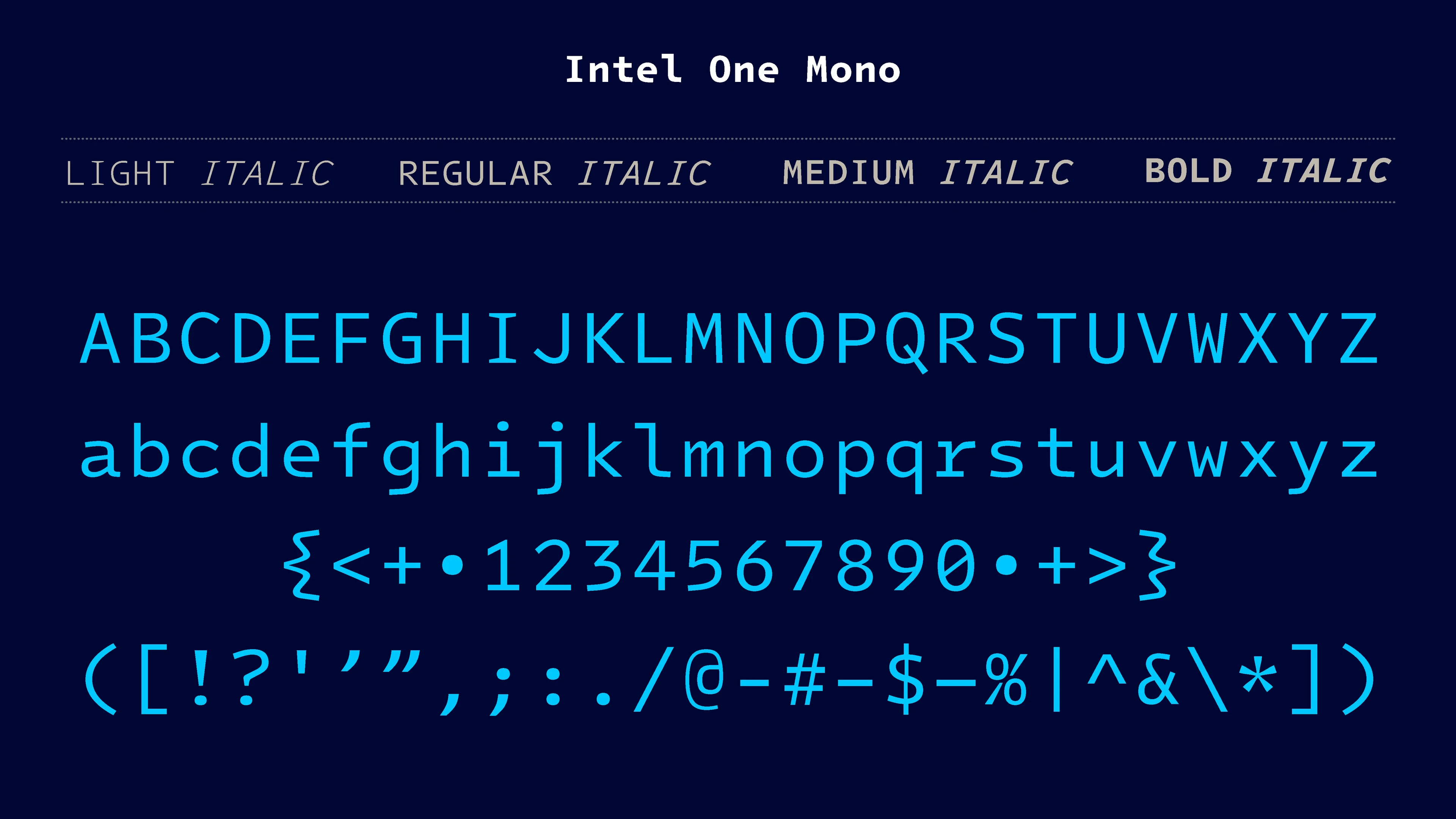 A type specimen of the Intel One Mono font by Frere-Jones Type. It shows 8 styles: light and light italic, regular and regular italic, medium and medium italic, bold and bold italic. It also shows all letters of the alphabet from A to Z in uppercase and lowercase, all the numbers and common symbols. 