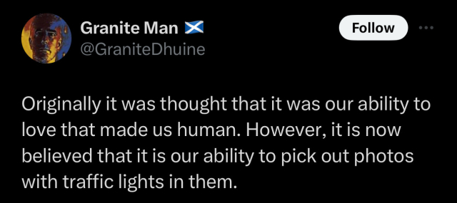 Screenshot of a social post by '@GraniteDhuine' on the social platform 'X' that says: 'Originally it was thought that it was our ability to love that made us human. However, it is now believed that it is our ability to pick out photos with traffic lights in them.'