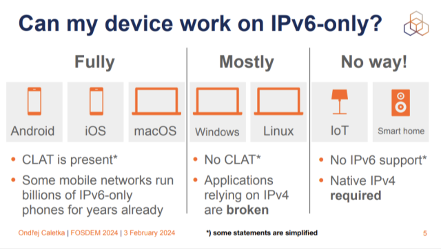 Can my device work on IPv6-only?
Fully: Android, iOS, macOS
Mostly: Windows, Linux
No way!: IoT, Smart home