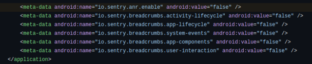 Screenshot aus dem AndroidManifest des OSS Document Scanner welcher aufzeigt, dass sämtliche Sentry-Komponenten deaktiviert sind