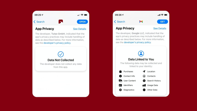 App Privacy note on the App Store of Tuta Mail and Gmail