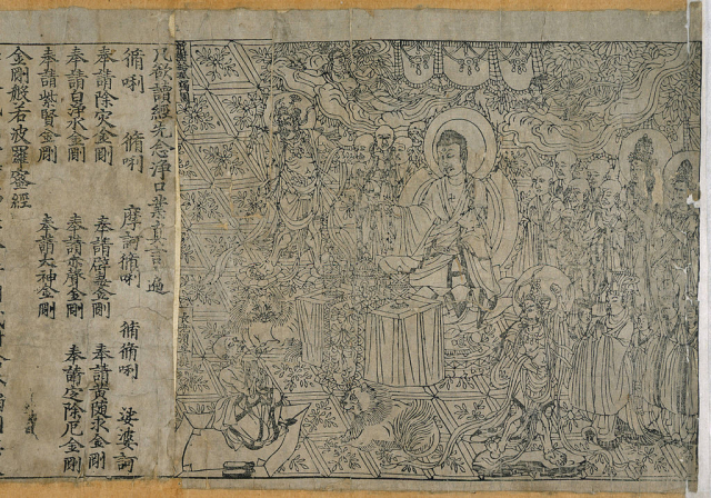 Front line of the Chinese Diamond Sūtra, printed in the 9th year of the Xiantong era of the Tang dynasty, i.e. 868 CE, the oldest known dated printed book in the world. British Library.

The colophon, at the inner end, reads: Reverently [caused to be] made for universal free distribution by Wang Jie on behalf of his two parents on the 13th of the 4th moon of the 9th year of Xiantong [i.e. 11th May, CE 868 ].