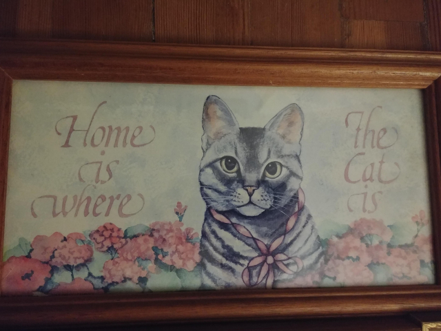 A water color painting of a tabby cat, with a pink ribbon around its neck, sitting in front of a flowerbed.

In pink cursive, the words "Home is where" and "the cat is" frame the cats face. "Home is where the cat is".