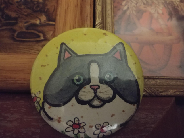 This is pin, the common pressed kind, about 2 inches in diameter.

The background is yellow, and the cat has a grey head, pink ear insides, and white snout and neck.

Around the chest area there is a few small flowers. It's a nice pin, a little goofy and funny. It would be well placed on a kids backpack.
