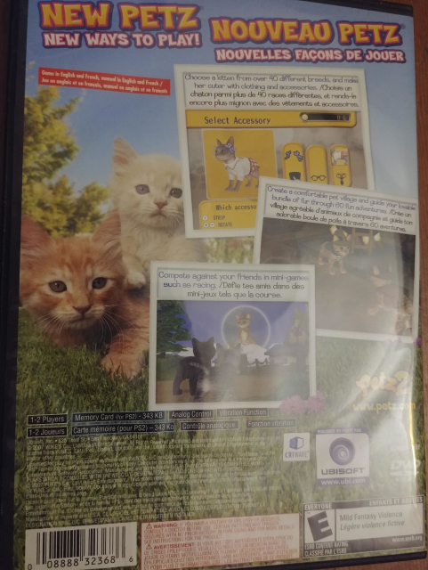 The back cover, in both French and English, since this is a Canadian edition. Also the game can be played in either language.

There's some bubble font blurbs like "New Petz" and "New Ways To Play!".

There's some screenshots where you can customize your cats, with over 40 breeds to pick from. There's some player-to-player mini games and you can build a cat village. Pretty great.
