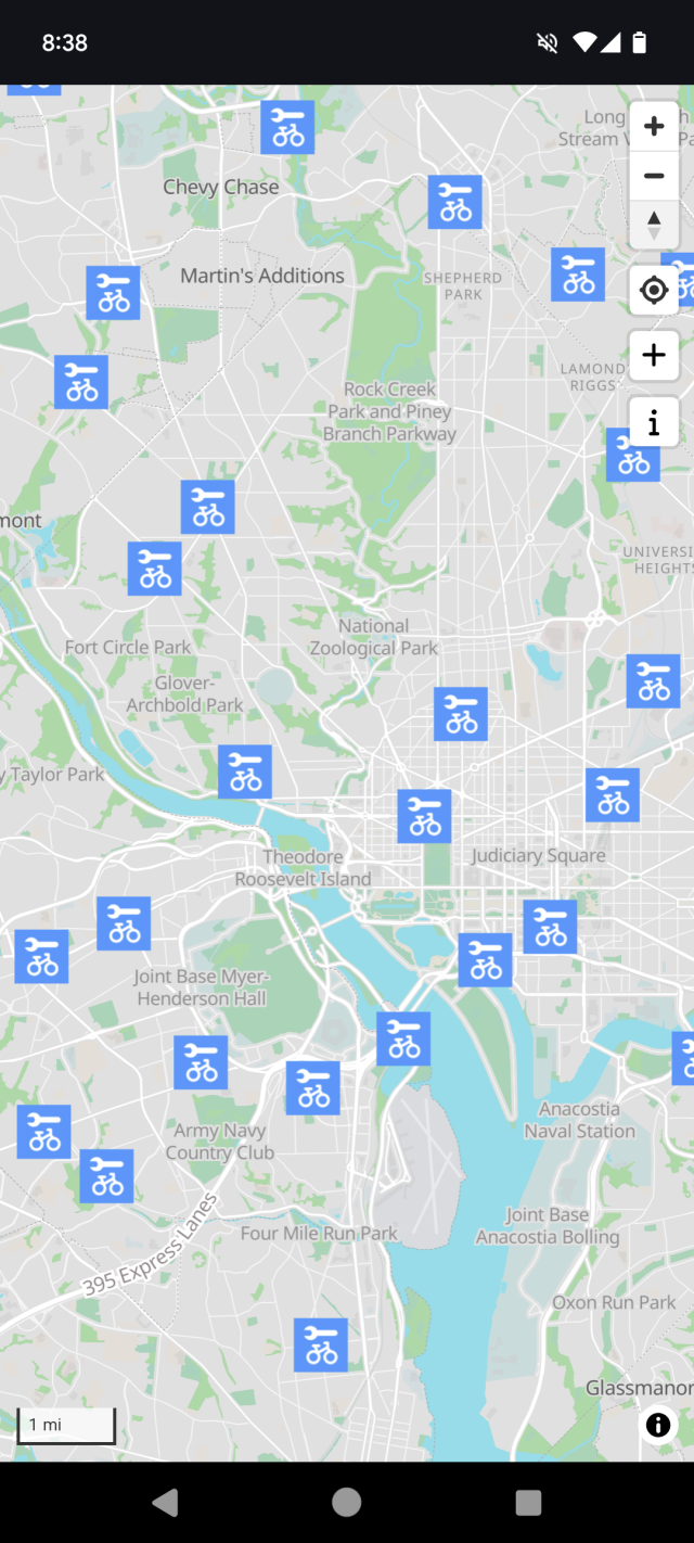Screenshot of bikehero.io showing a map of bicycle repair stations in Washington, DC and Arlington, VA
