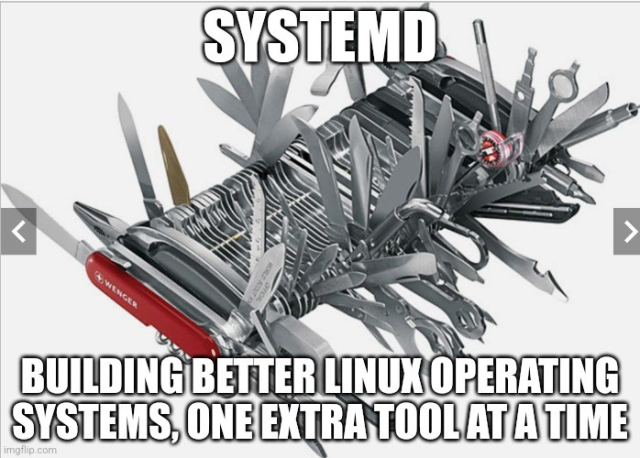 Picture of a giant Swiss Army knife

Captioned
Systemd building better linux operating systems, one extra tool at a time