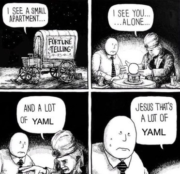 a 4-panel comic, the first panel shows a "fortune telling" cart, with someone inside speaking "I see a small apartment..."

the second shows the inside, a fortune teller and a man, the man looks nervous, the fortune teller says "I see you... alone...."

the third panel shows the fortune teller saying "and a lot of YAML"

the fourth shows the man actively sweating, while the fortune teller says "jesus thats a lot of YAML"
