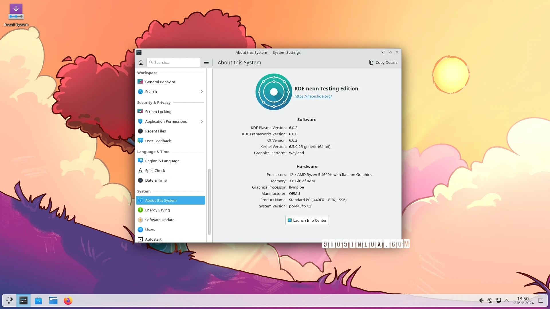 Screenshot of the KDE neon distribution with the KDE Plasma 6.0.2 desktop environment showing the About This System page in System Settings.
