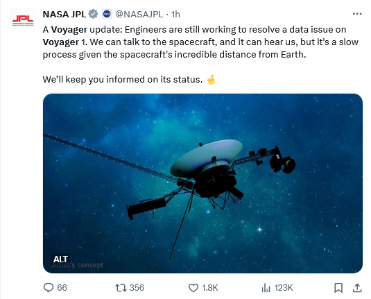 Image of tweet from JPL indicating that engineers are still working to resolve the data issue on Voyager 1
