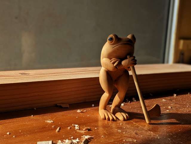 A wood sculture of a standing up frog, crossing arms, holding an ax, and the top of handle is reaching the ground, like the frog is nearly leaning on it.
